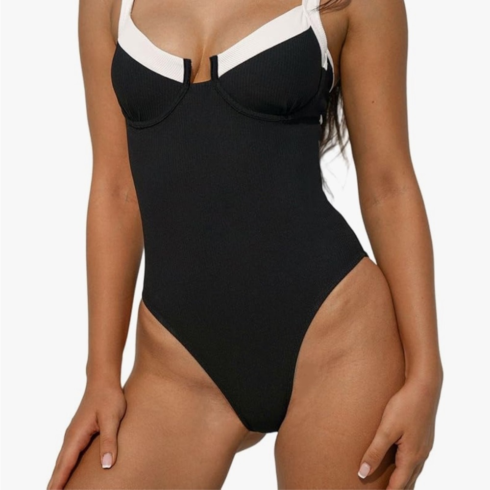 Retro Black One-Piece Swimsuit with White Trim